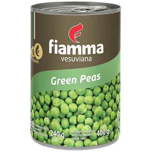Cans of Fiamma Vesuviana Green Peas in a grocery store, showing the green peas inside the branded packaging.