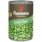 Cans of Fiamma Vesuviana Green Peas in a grocery store, showing the green peas inside the branded packaging.