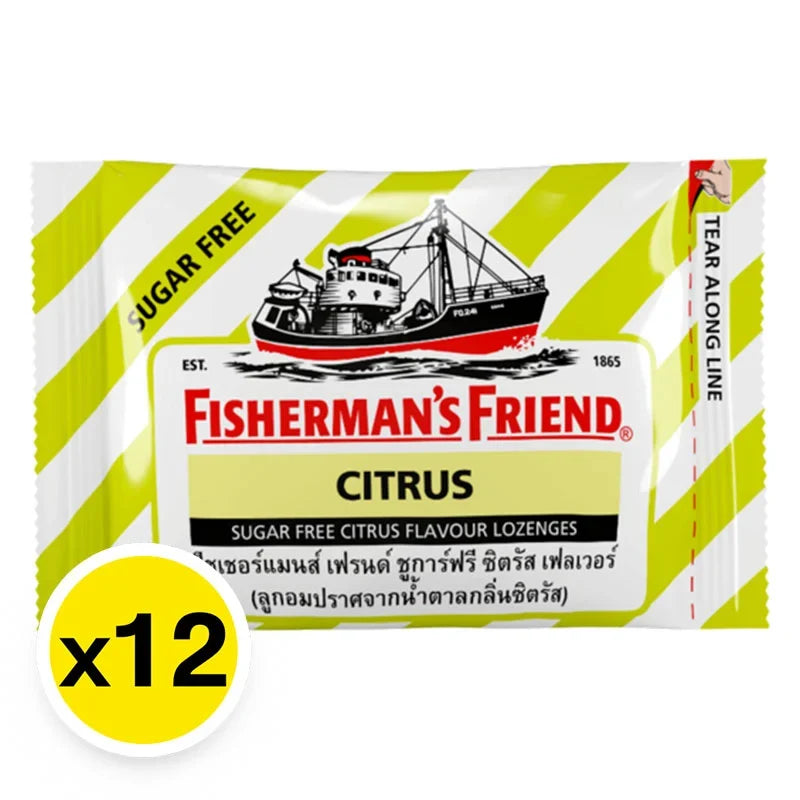 Fisherman's Friend Sugar-Free Citrus Lozenge in clear packaging, showcasing the bright orange flavor and dry grocery snack.