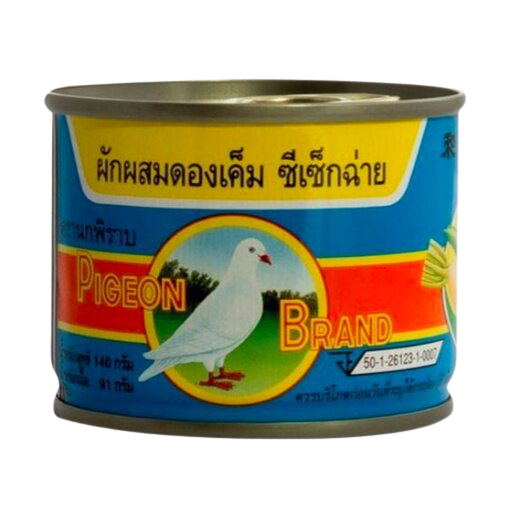 Canned Pigeon Mixed Vegetables in an easy-open can, featuring a colorful mix of carrots, peas, and corn on the label.