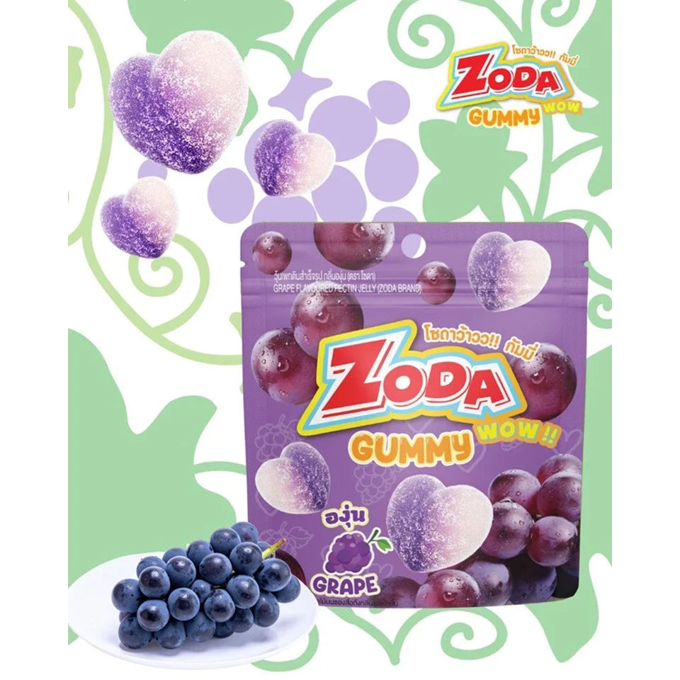 Zoda Wow Gummy Grape Flavor snack in 45g bag, colorful grape-shaped chewy confectionery candies.
