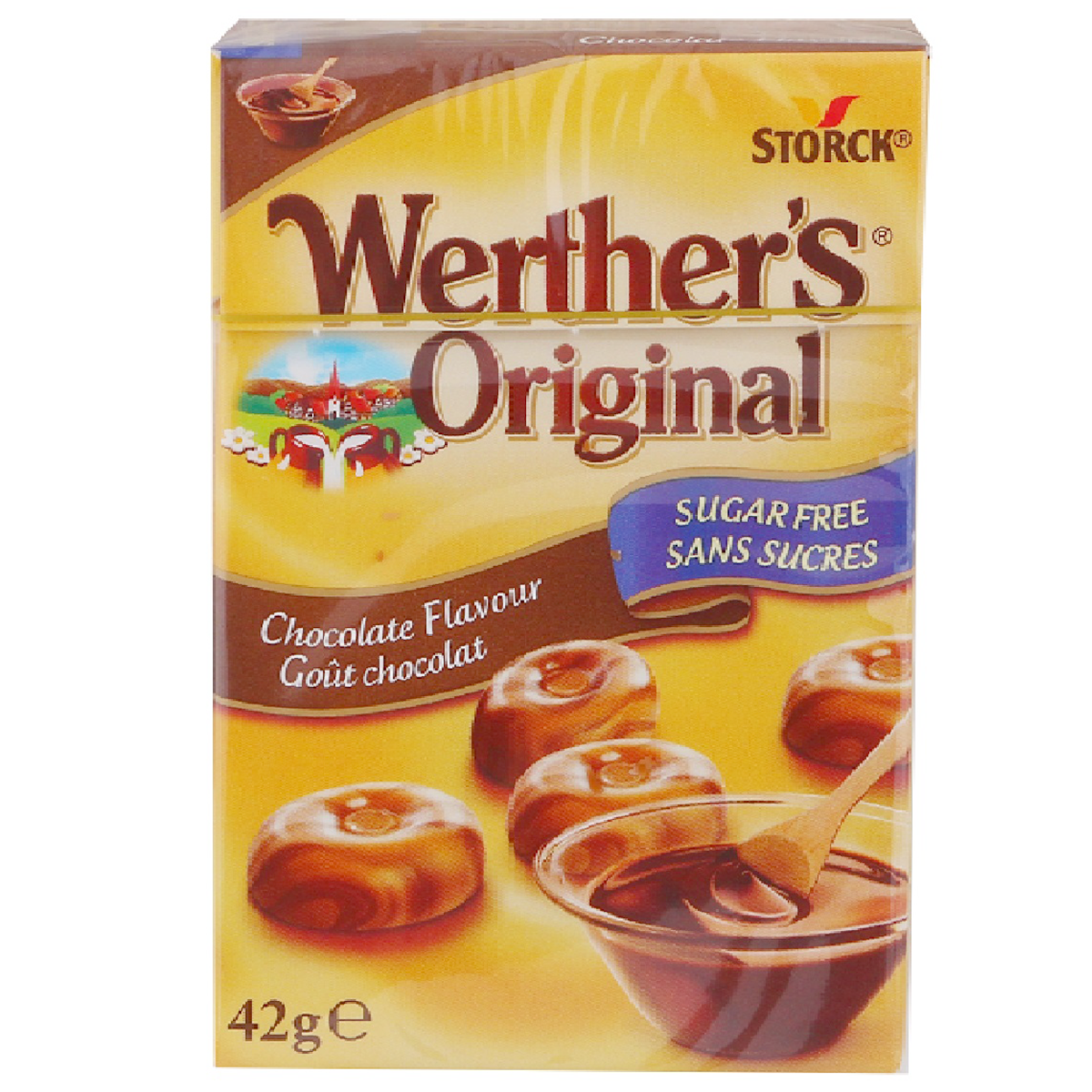 Werthers Sugar-Free Chocolate Candy showing shiny wrapped candies in a clear bowl, highlighting the confectionery snack.