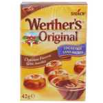 Werthers Sugar-Free Chocolate Candy showing shiny wrapped candies in a clear bowl, highlighting the confectionery snack.