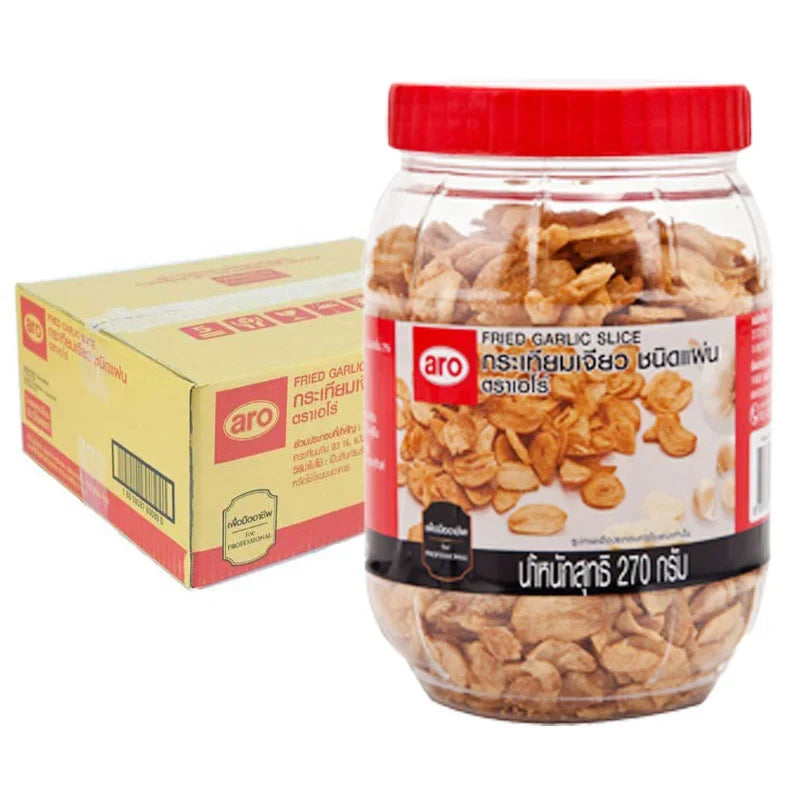 Sliced fried garlic by ARO in a 270g bag, shown in a close-up image, ideal for dry grocery or cooking use.