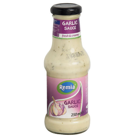 Remia garlic sauce in a jar, creamy and flavorful, suitable for cooking or as a condiment for various dishes.