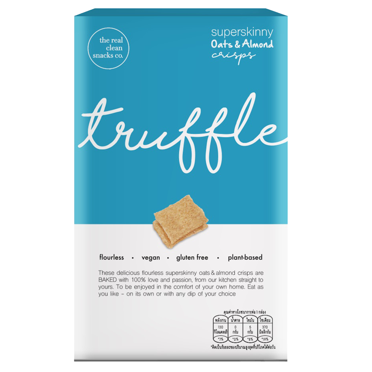 The Real Clean Snacks Co Oats & Almond Crisps with Truffle flavor, a package of confectionery snacks featuring crispy oats and almonds.