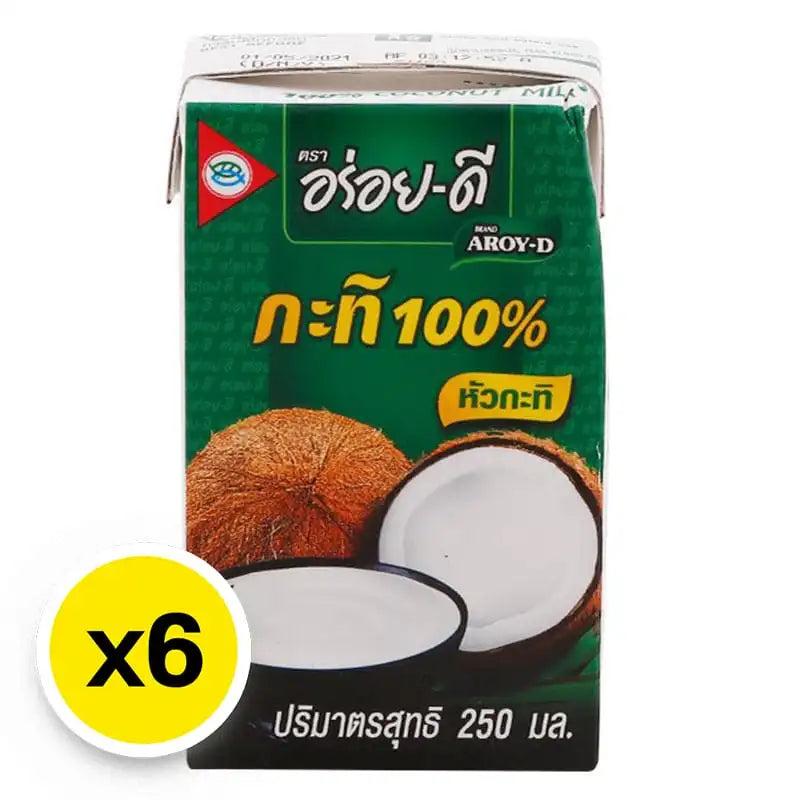 Aroy-D coconut milk in 250ml cans, six-pack, ideal for cooking and baking in dry grocery section.