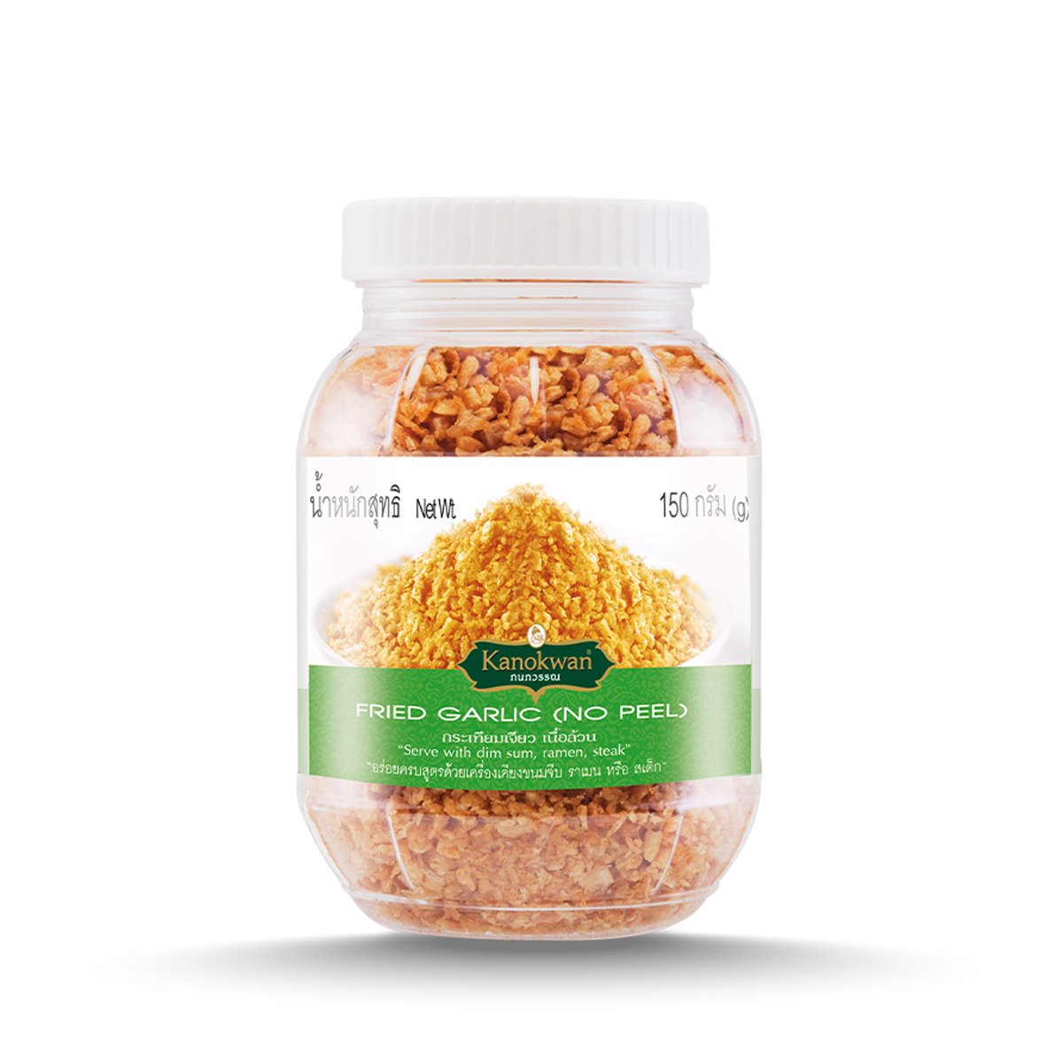 Kanokwan Fried Garlic No Peel in a clear container, ready for cooking or seasoning, from the Kanokwan grocery brand.