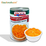 Canned Brook Mandarin Orange in syrup 425g with bright orange slices in sweet syrup, perfect for desserts or snacking.
