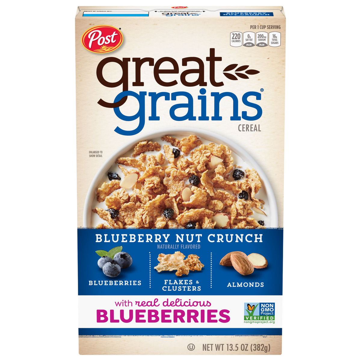 Post Great Grains Blueberry Nut Crunch cereal in a bowl with blueberries, nuts, and cereal flakes close-up.