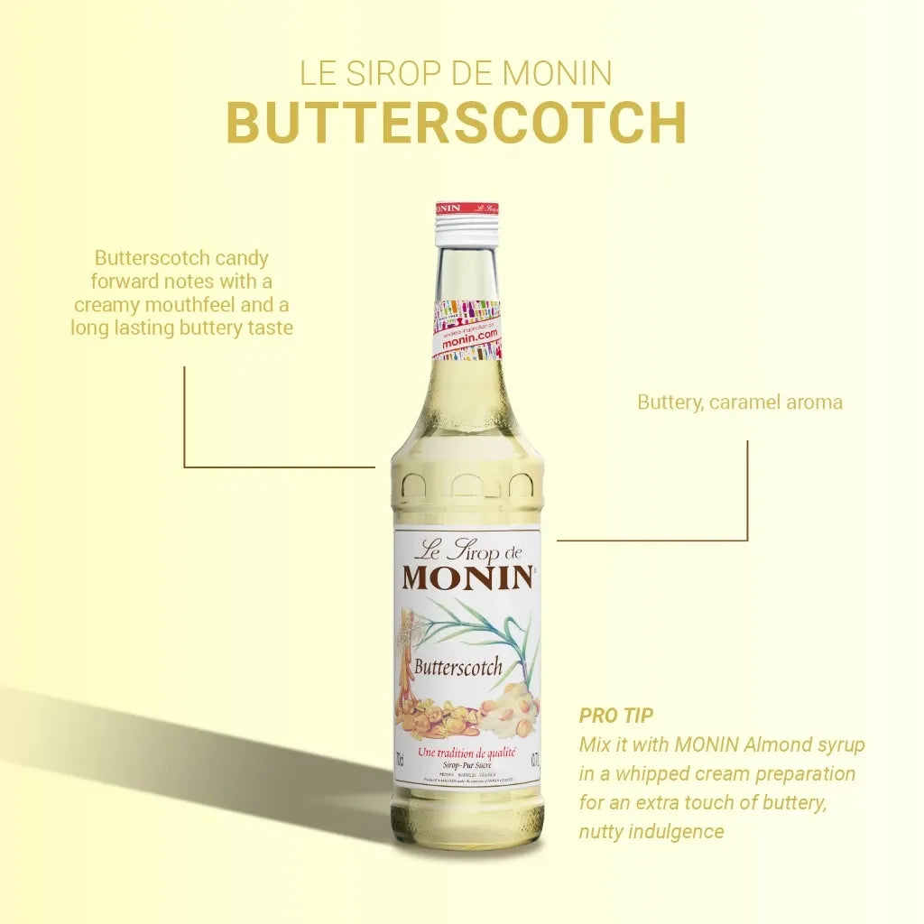 Monin Butterscotch Syrup 700ml bottle, ideal for coffee and desserts, with a rich butterscotch flavor and smooth texture.
