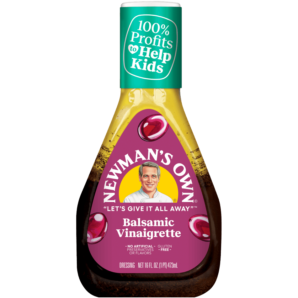 Bottle of Newman's Own Balsamic Vinaigrette dressing for salads and groceries, with label and transparent bottle visible.