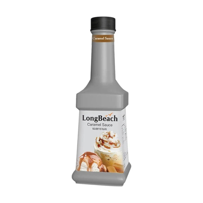 LongBeach caramel sauce bottle from dry grocery, showcasing rich caramel color and branding on the label.