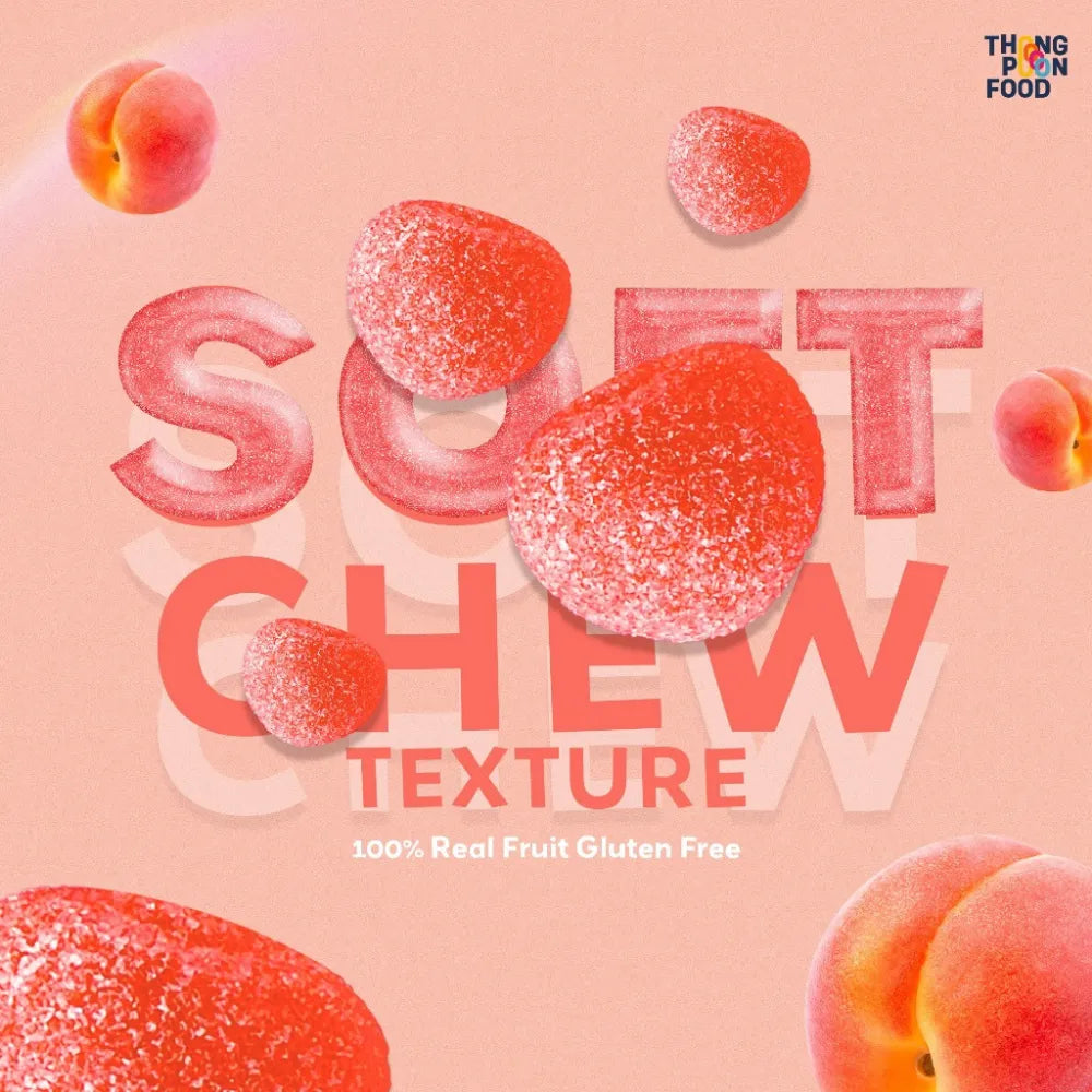 Thong Poon Peach Berry Gummy Jelly snack, real fruit flavor, 150g, colorful peach and berry-shaped confectionery.