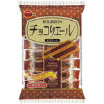 Bourbon confectionery snacks in a package, featuring chocolate-filled biscuits with the Bourbon brand logo on the packaging.