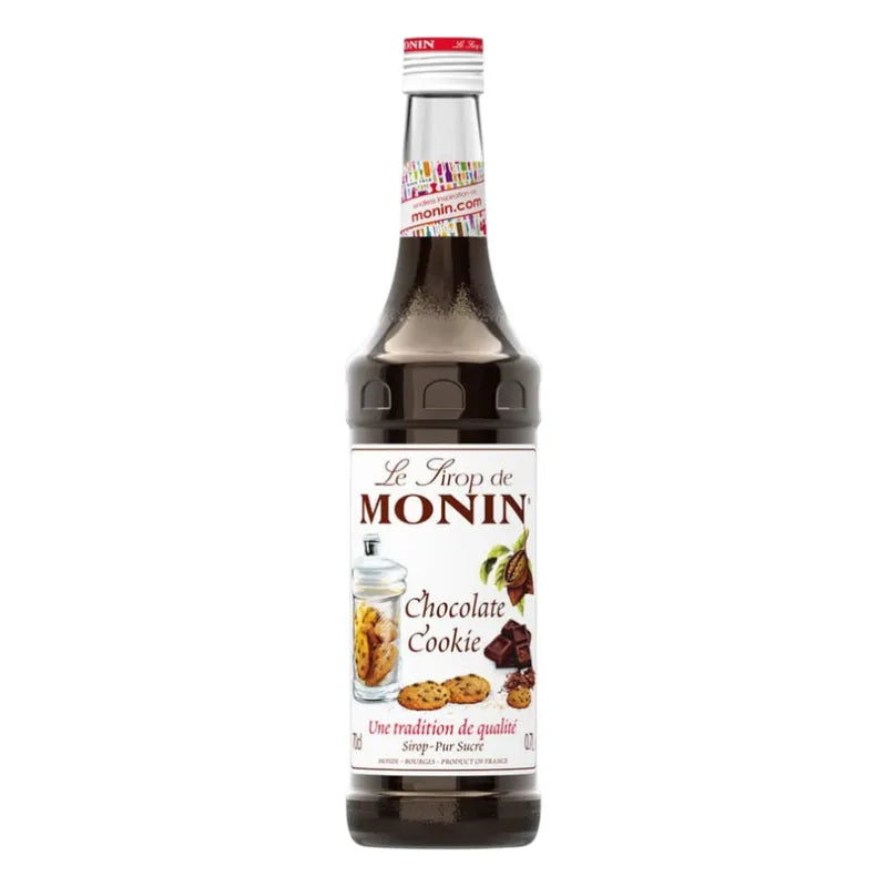 Monin Chocolate Cookies Syrup 700ml bottle, ideal for baking and coffee, featuring rich chocolate and cookie flavor in a clear plastic bottle