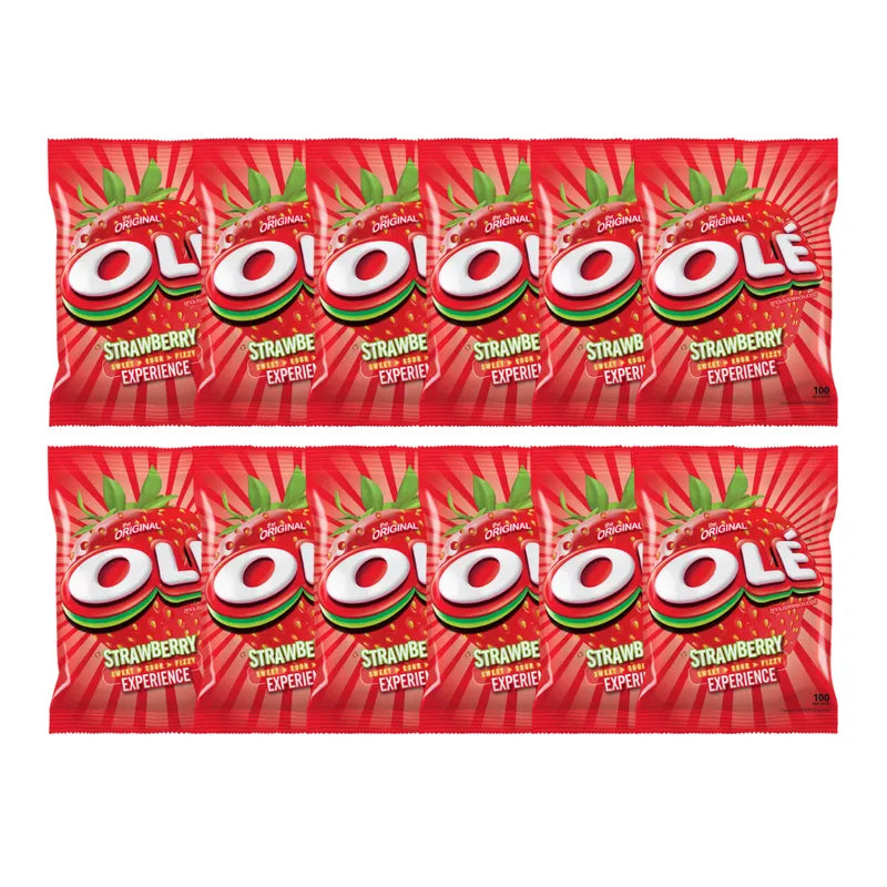 OLE Strawberry snack confectionery box with 100 strawberry-flavored tablets, 12 packs in a colorful, attractive packaging.