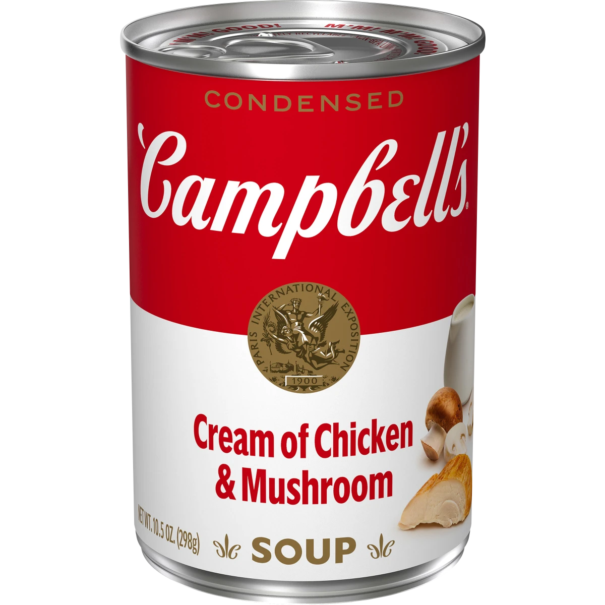 A bowl of Campbell's Chicken Mushroom Soup with chunks of chicken and mushrooms in a creamy broth, served in a white bowl.