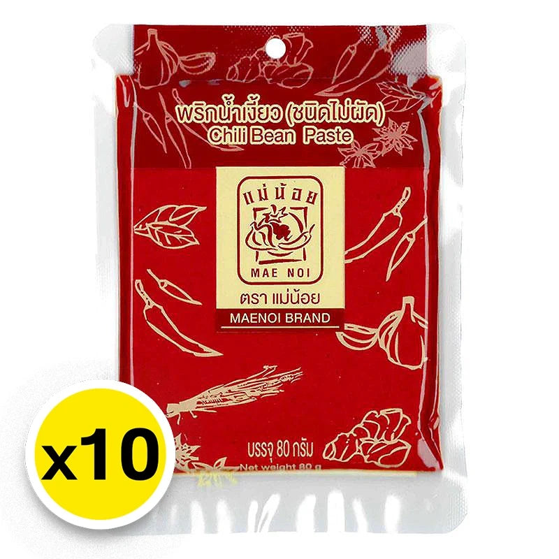 MAE NOI Chili Bean Paste 80g x10, dry grocery product with red chili beans in a clear container, full packaging shown.