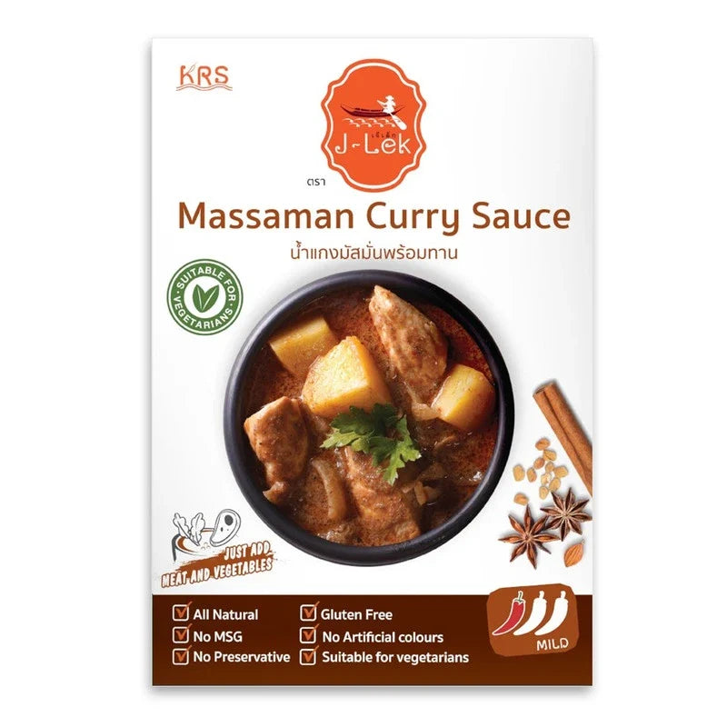J-LEK Massaman Curry Paste 250g jar, dry grocery product with rich, fragrant Thai curry paste visible in the image.
