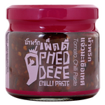 Pheddee Tomato Chilli Paste jar with red chili peppers and tomato, ready for cooking in a grocery setting.