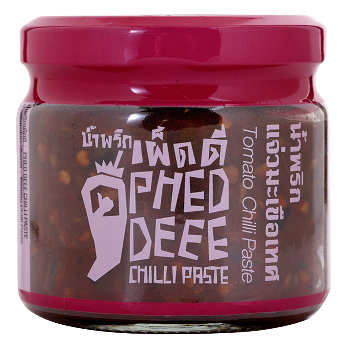 Pheddee Tomato Chilli Paste jar with red chili peppers and tomato, ready for cooking in a grocery setting.