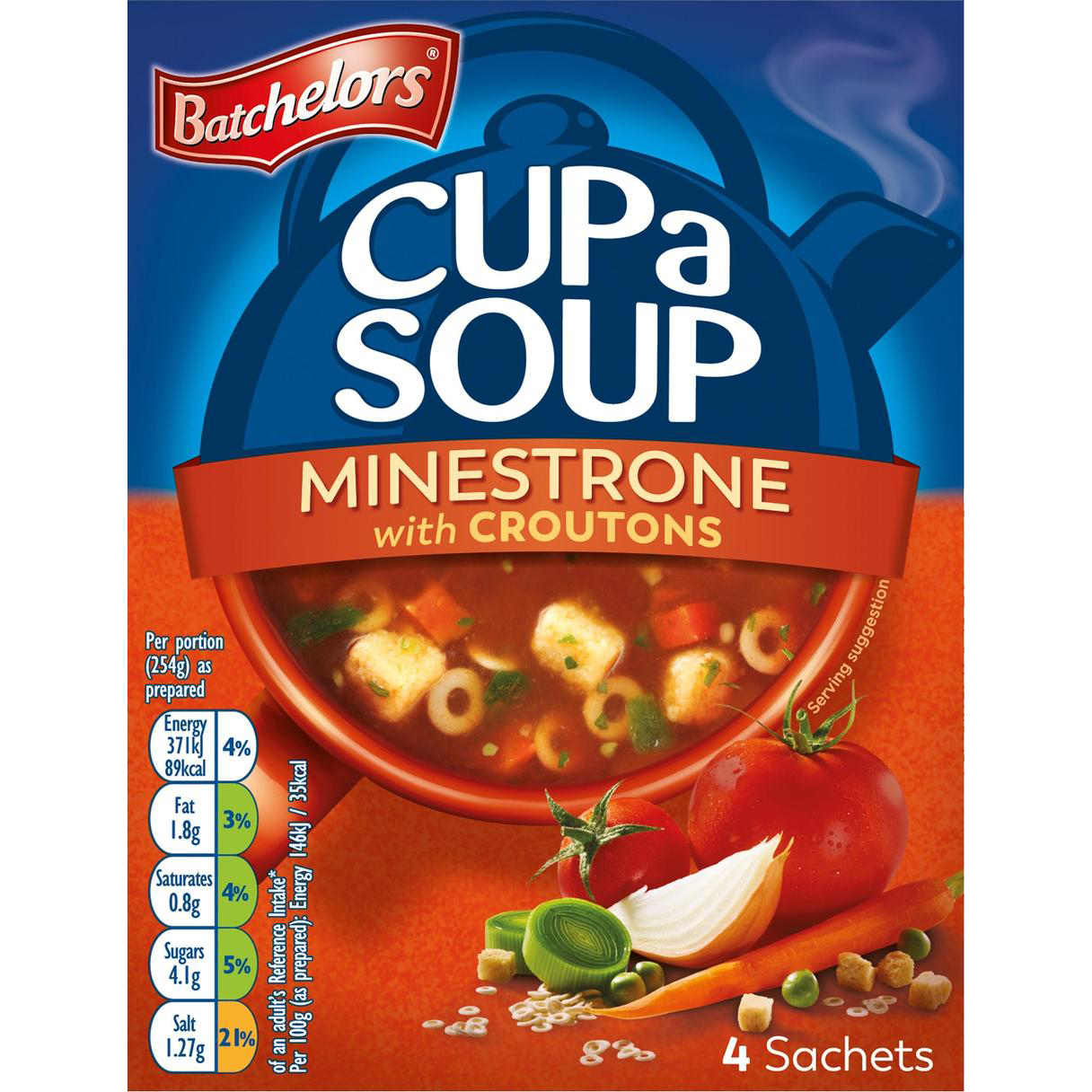Cup A Soup Minestrone by Batchelors in a clear cup with colorful vegetable pieces and broth, ready for quick, hot soup enjoyment.