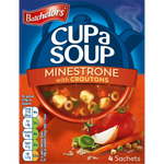 Cup A Soup Minestrone by Batchelors in a clear cup with colorful vegetable pieces and broth, ready for quick, hot soup enjoyment.