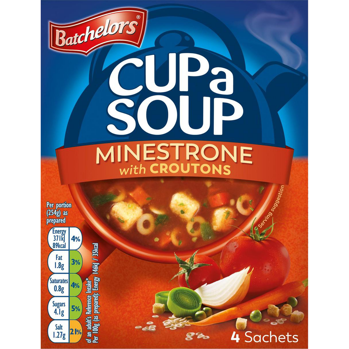 Cup A Soup Minestrone by Batchelors in a clear cup with colorful vegetable pieces and broth, ready for quick, hot soup enjoyment.