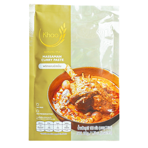 Khao Massaman Curry Paste jar, grocery product with a label showing traditional Thai ingredients and branding.