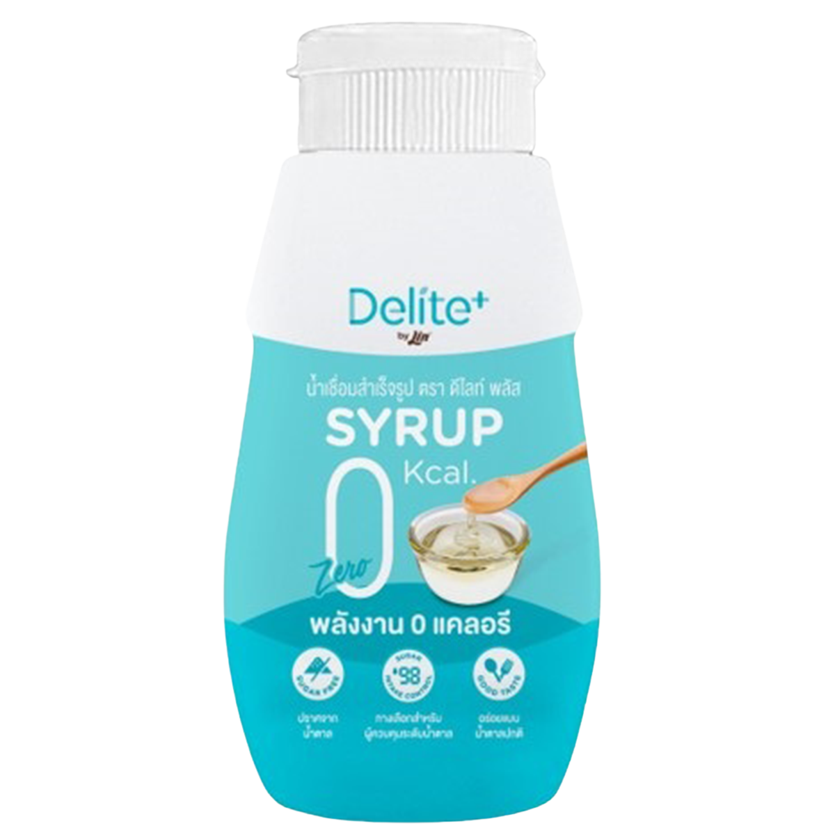 Lin Delite+ Syrup 0 Kcal bottle, a sugar-free sweetener in a clear plastic container, used for flavoring beverages and desserts.