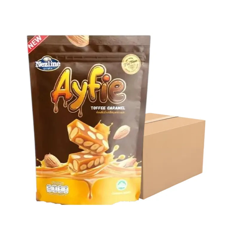 Nezline Ayfie Toffee Caramel snack in a clear wrapper, showcasing rich caramel and toffee layers, perfect for sweet cravings.
