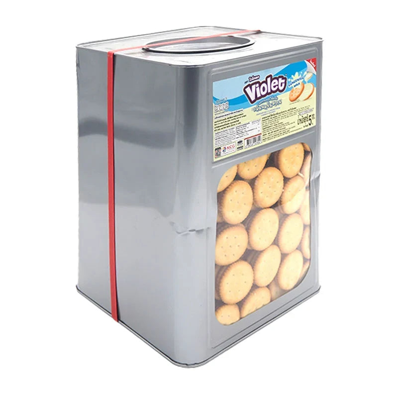 Violet brand violet cream crackers in a 5kg package, dry grocery snack with crispy, golden-brown crackers.