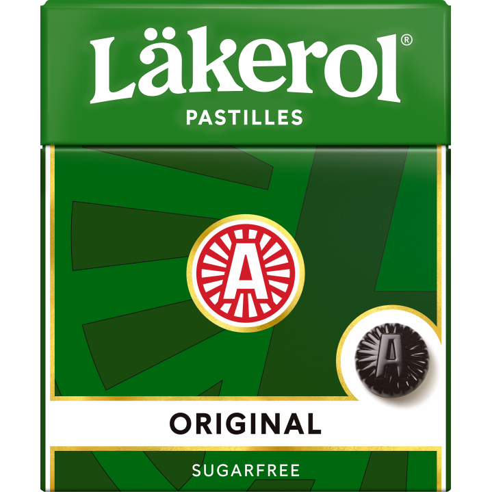 Lakerol Original Sugar Free confectionery snack in a clear container with orange and white packaging visible