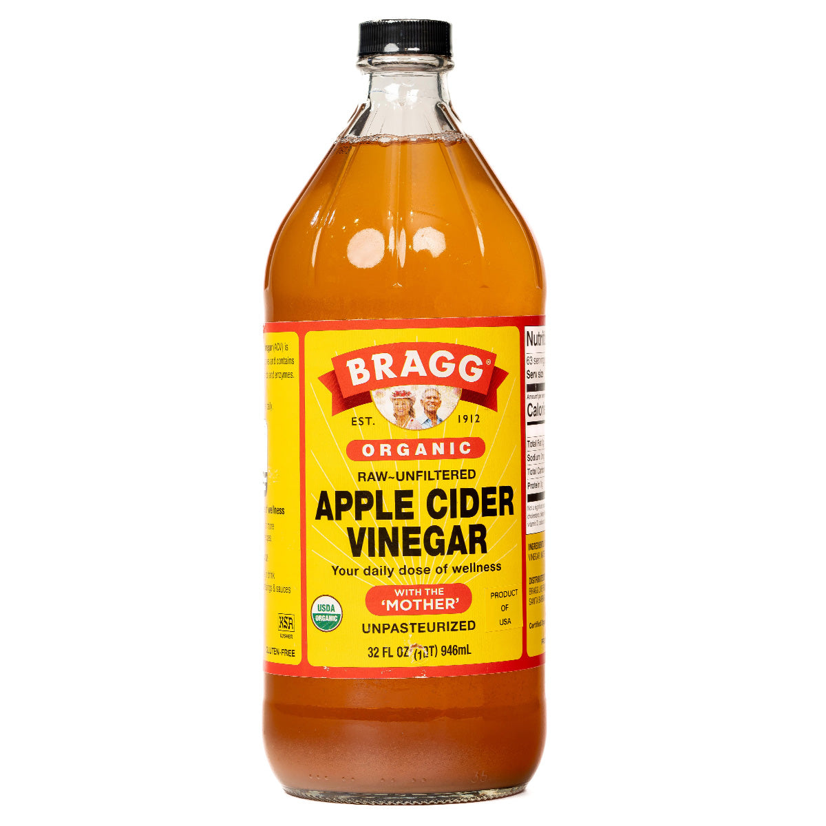 Bottle of Bragg Apple Cider Vinegar with a clear label, featuring a healthy lifestyle theme and natural ingredients.