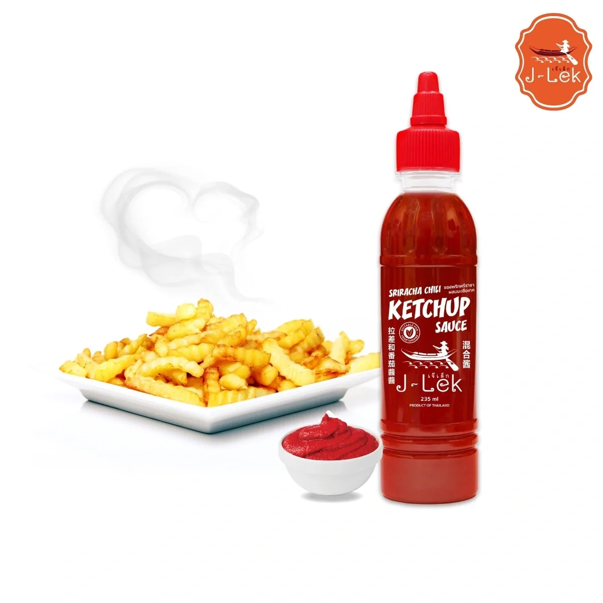J-LEK Sriracha Chili Sauce with tomatoes, 235g jar, spicy Asian condiment for cooking and dipping.