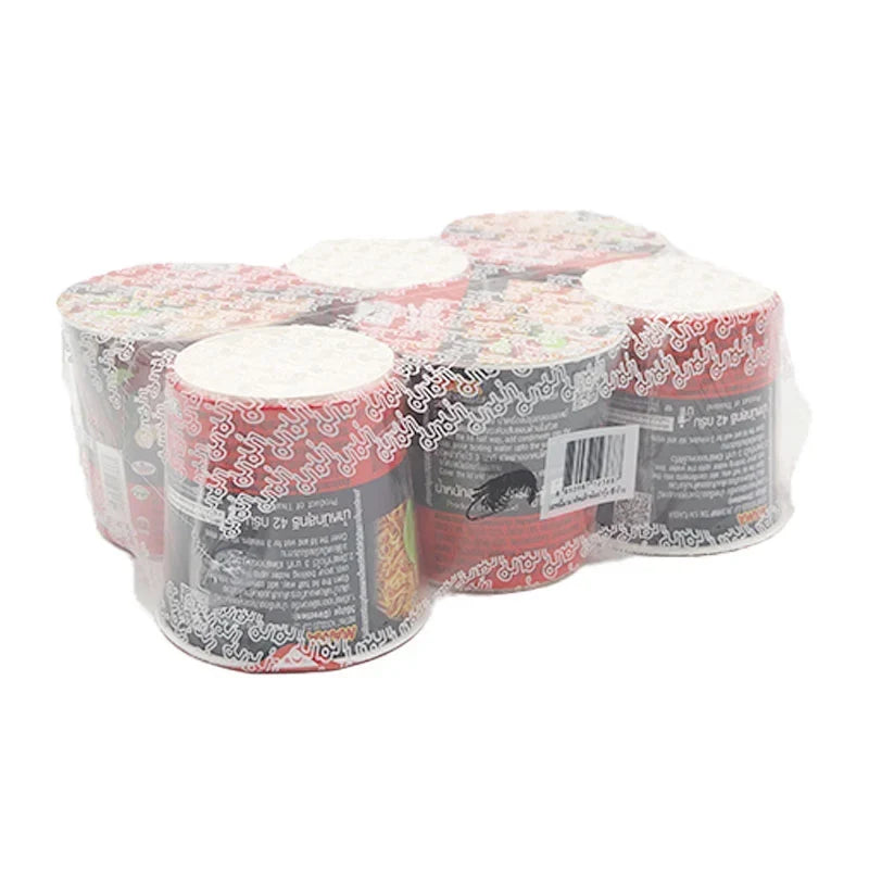 Mama Cup Instant Noodle Tomyum Kung, 42g x6, dry grocery pack with six cups of spicy Thai-flavored instant noodles.