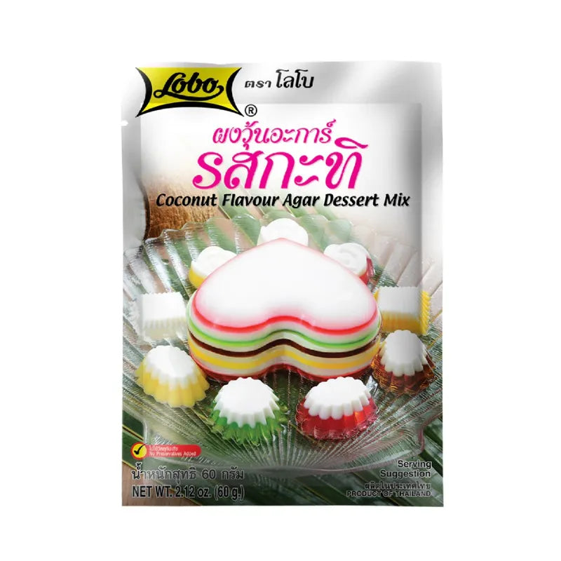 Lobo Agar Powder in coconut milk flavor, 60g package, dry grocery product with white powder in a clear container.