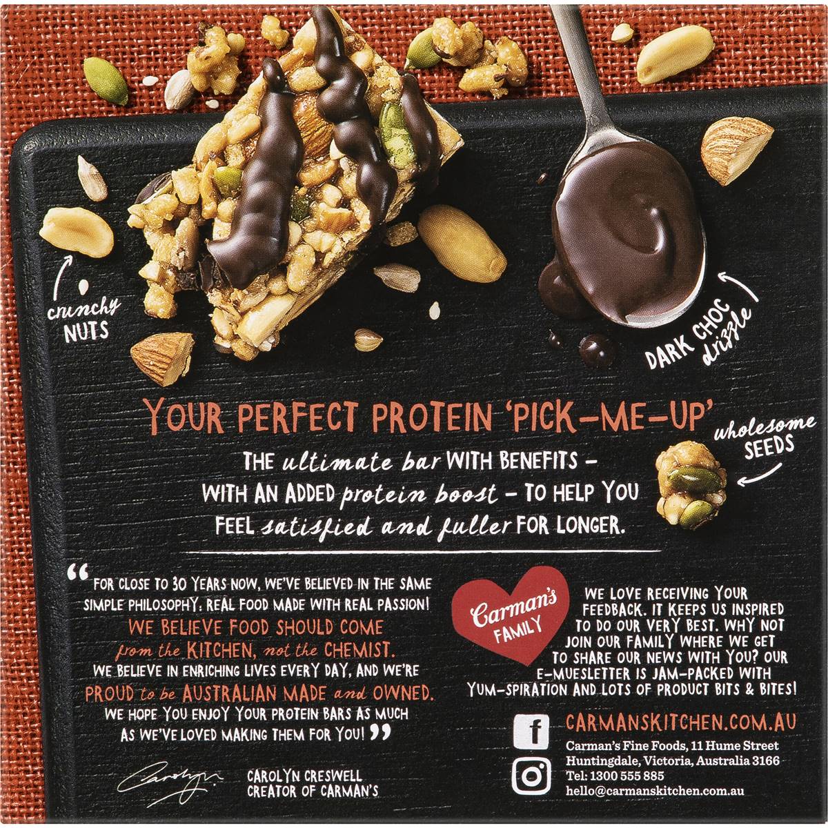 Carman's Salted Dark Chocolate and Almond Protein Bars, grocery product with chocolate, almonds, and salted flavor.