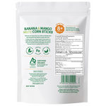 Only Organic Banana Mango Corn Sticks in colorful packaging, showing crunchy confectionery snack sticks with fruity flavors.