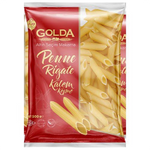 Golda Penne Rigate pasta in a clear package, showing the ridged, golden-yellow pasta shape for grocery shopping.