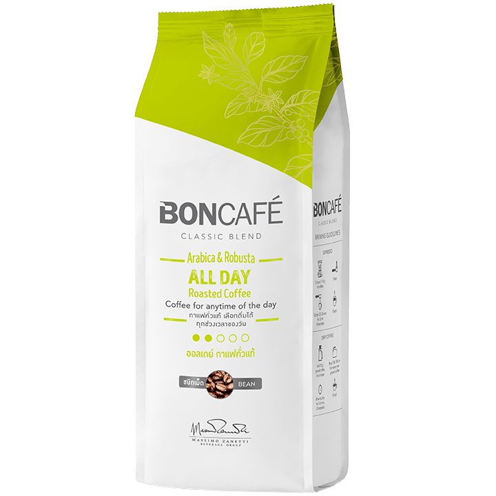 Boncafe All Day Coffee Bean drink in a clear glass, showcasing the dark coffee beverage with a smooth surface and rich color.