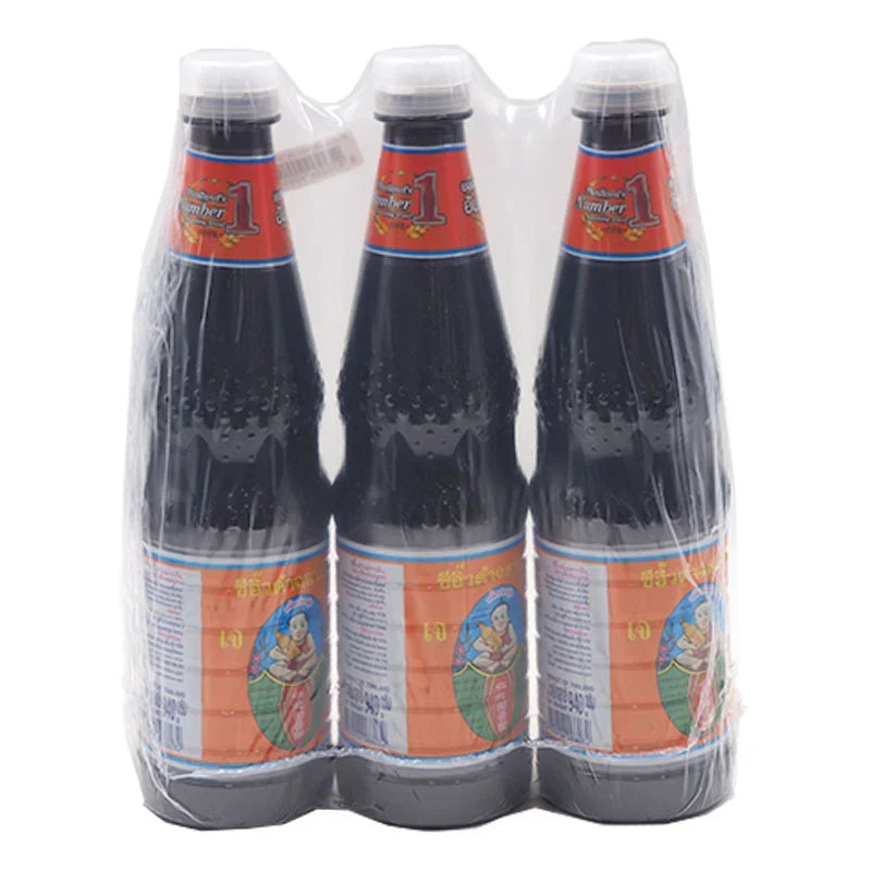 DEK SOM Boon Black Soy Sauce Formula 5 in three 940ml bottles, traditional dry grocery soy sauce from DEK SOM BOON