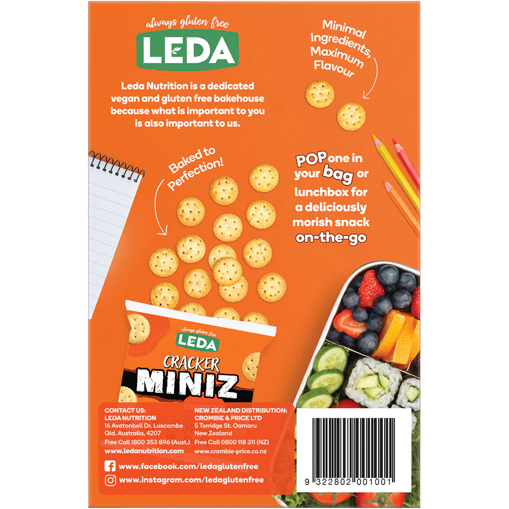 Leda Cracker Miniz Chick N, a confectionery snack featuring small, crispy crackers with chick flavor, displayed on a white background.