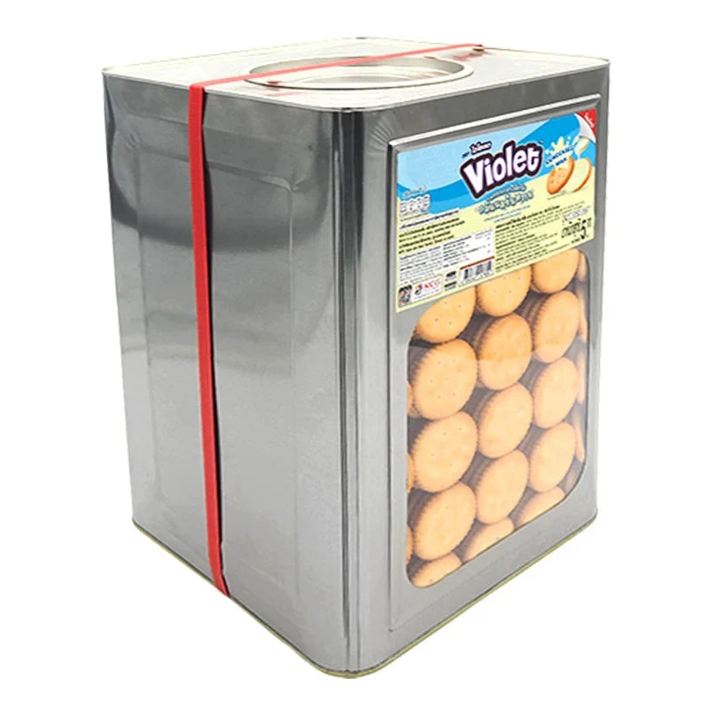Violet Vanilla Cream Crackers 5kg, dry grocery snacks with vanilla cream filling, in a colorful package.