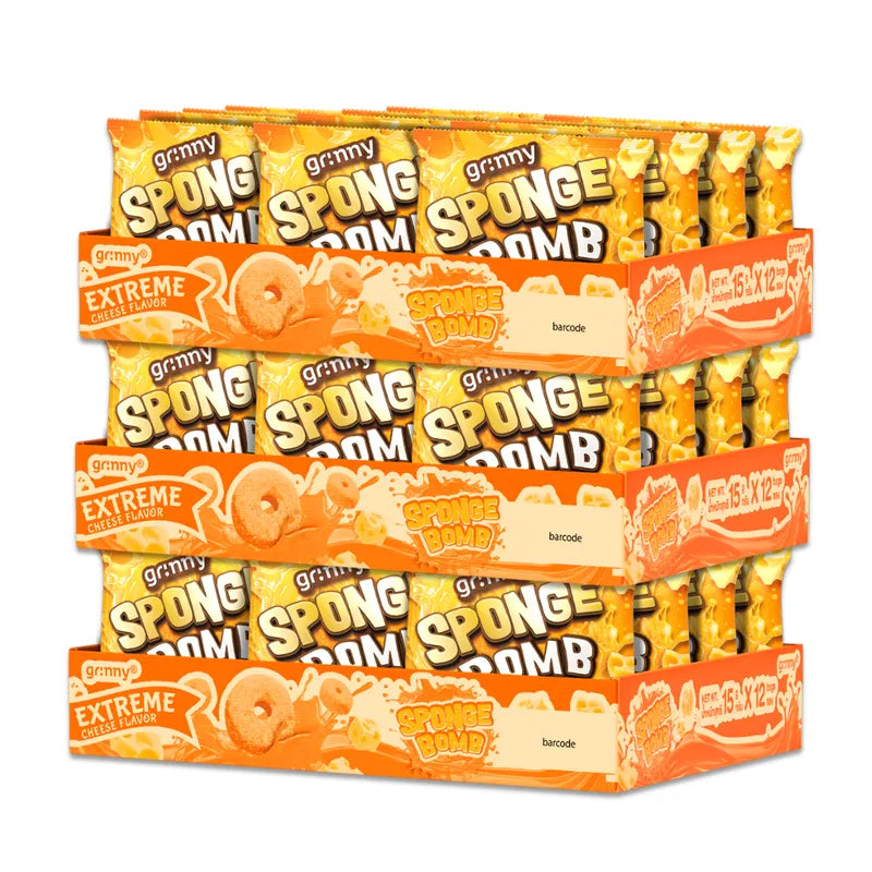 Grinny Sponge Bomb Snack extreme cheddar cheese flavor, 15g x3 packs, dry grocery snack with cheese-flavored sponge candies.