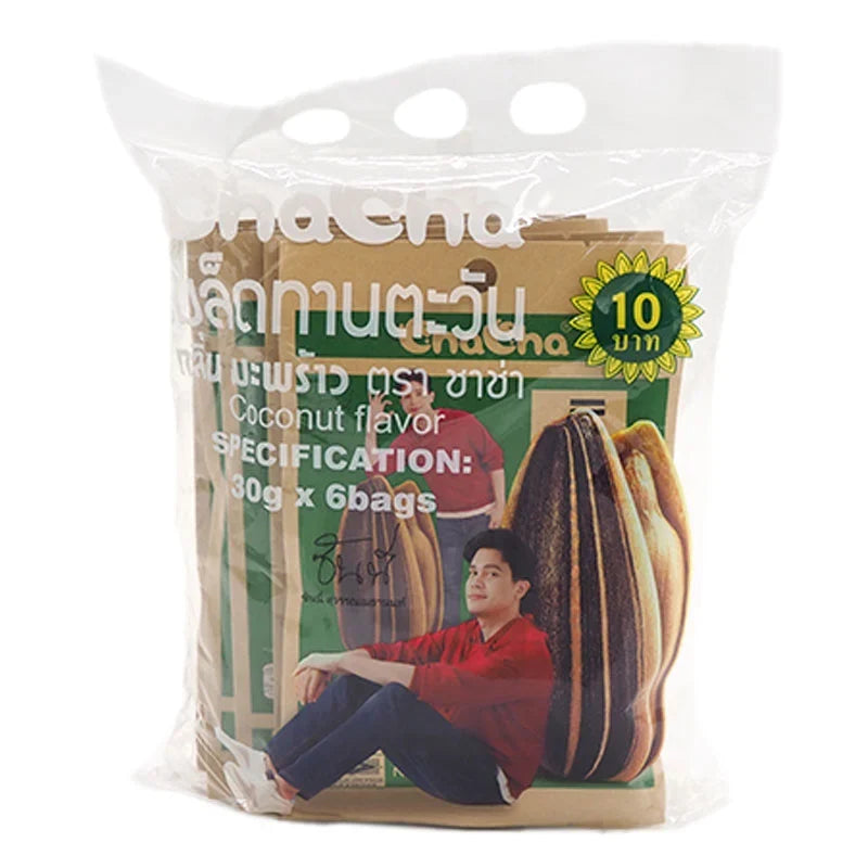 Chacha Sunflower Seeds Coconut Flavor 30g pack, close-up of crispy sunflower seeds with coconut coating, in a clear bag.