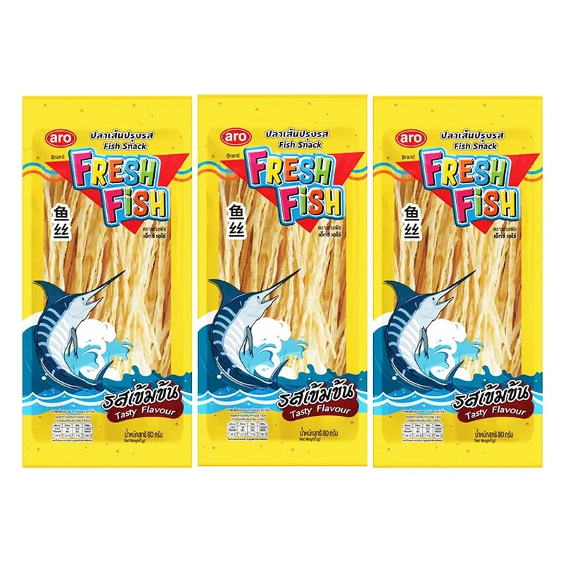 ARO Fish Snack Consentrante 80g pack, dry grocery snack with dried fish, shown in a colorful, resealable package.