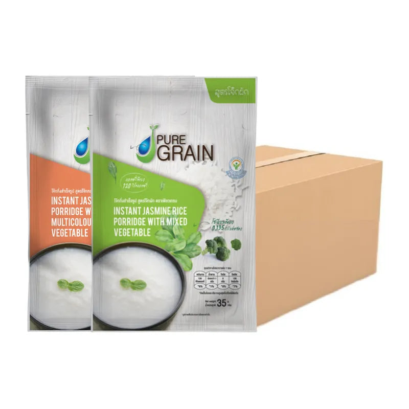 Assorted flavors of PURE GRAIN Pure Grain instant porridge in 35g dry grocery packets, ready for quick breakfast or snack.