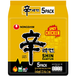 Nongshim Shin Ramyun spicy chicken flavor instant noodles in a bowl with noodles, broth, and garnishes, ready to enjoy.